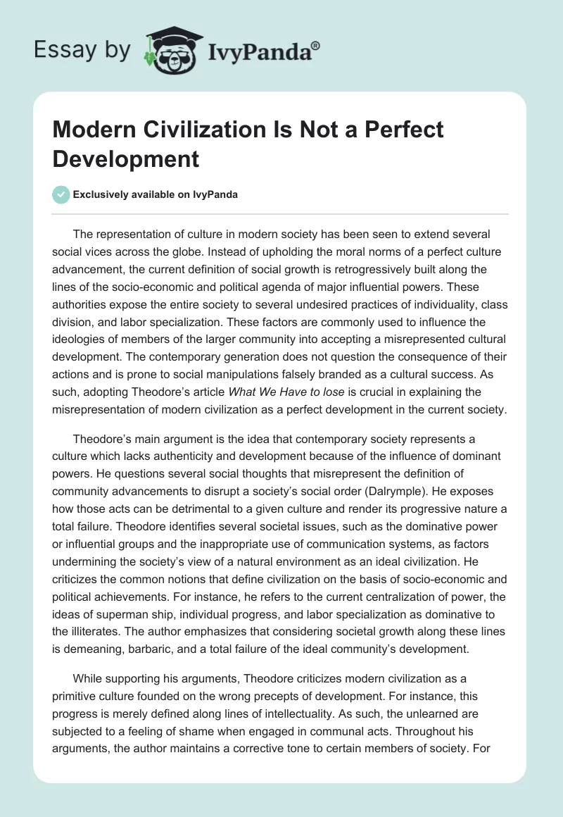 Modern Civilization Is Not a Perfect Development. Page 1