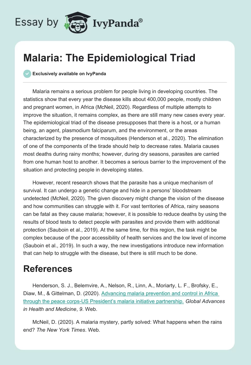 Malaria: The Epidemiological Triad. Page 1