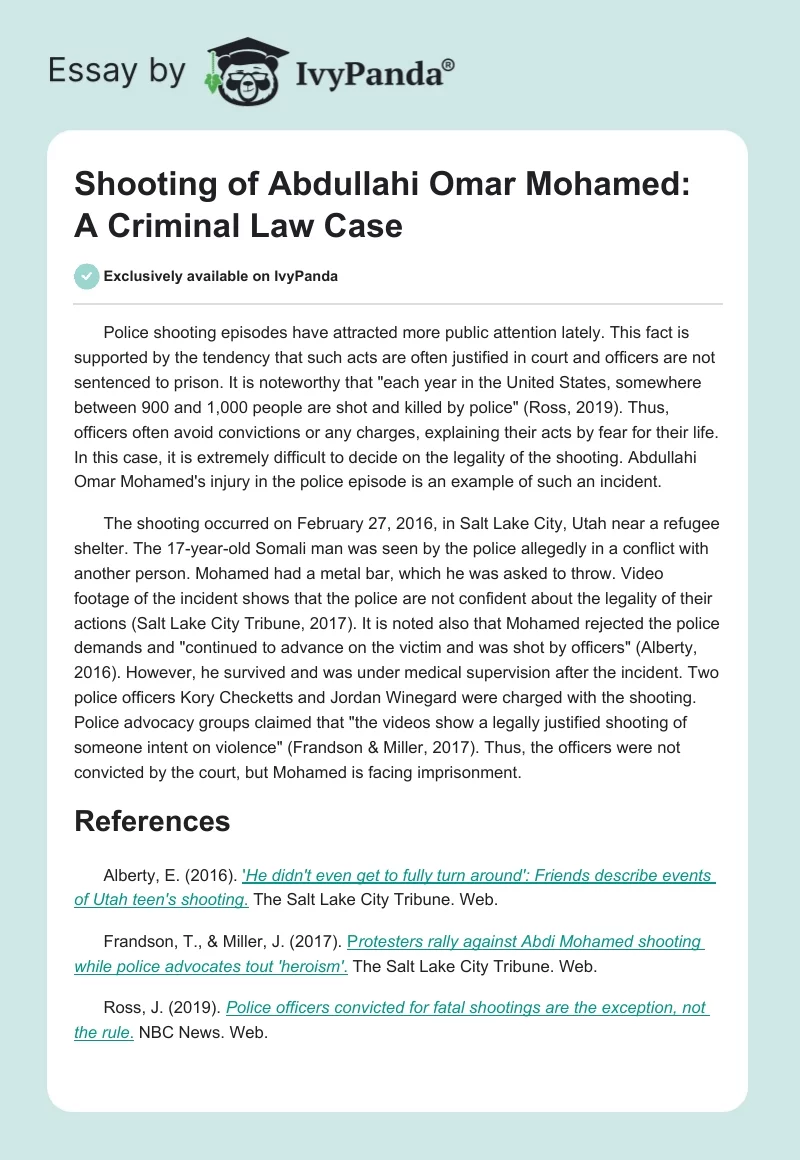 Shooting of Abdullahi Omar Mohamed: A Criminal Law Case. Page 1