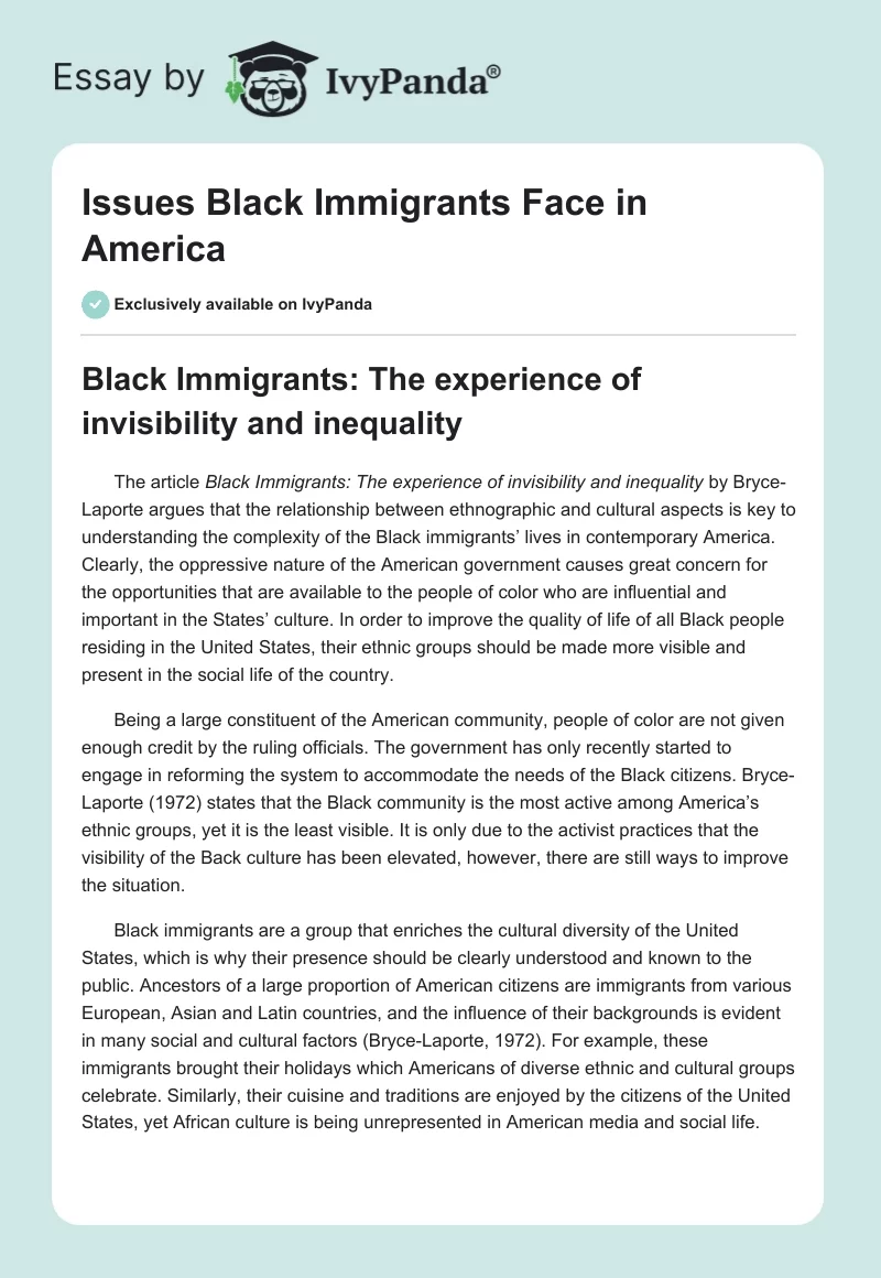 Issues Black Immigrants Face in America. Page 1