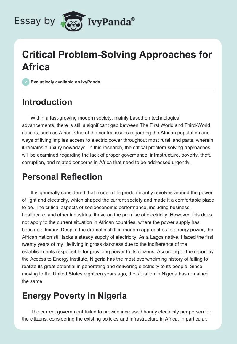 Critical Problem-Solving Approaches for Africa. Page 1