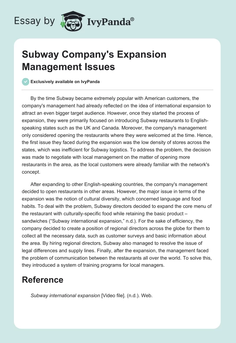 Subway Company's Expansion Management Issues. Page 1