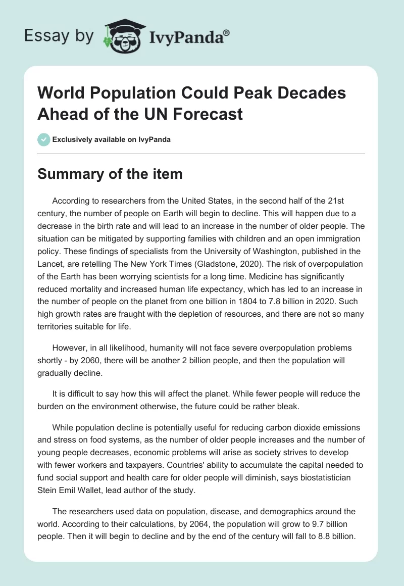 World Population Could Peak Decades Ahead of the UN Forecast. Page 1