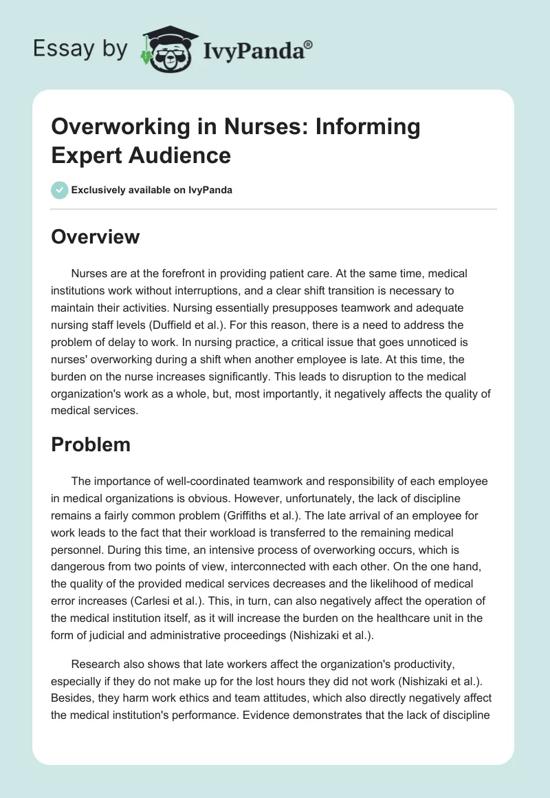 Overworking in Nurses: Informing Expert Audience. Page 1