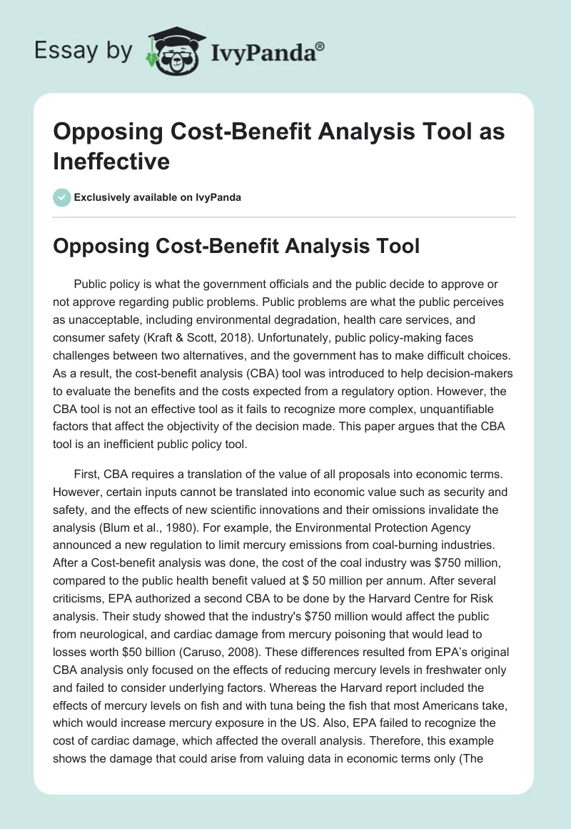 Opposing Cost-Benefit Analysis Tool as Ineffective. Page 1