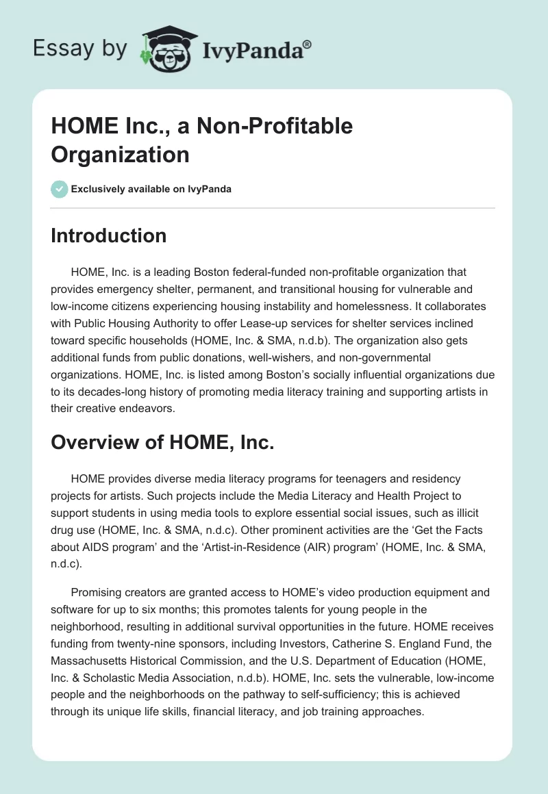 HOME Inc., a Non-Profitable Organization. Page 1