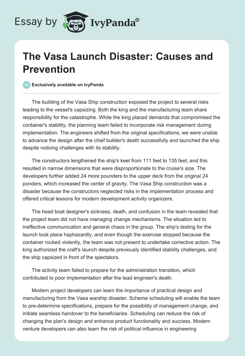 The Vasa Launch Disaster: Causes and Prevention. Page 1