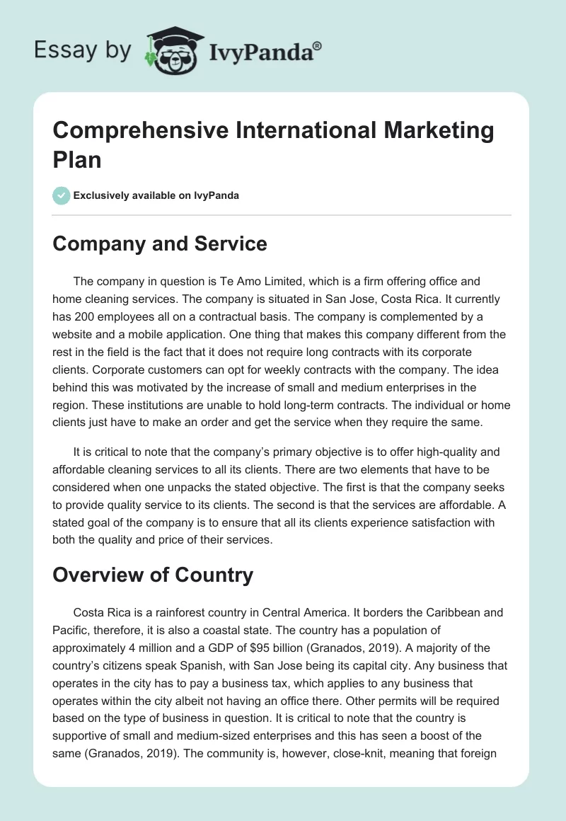 Comprehensive International Marketing Plan. Page 1