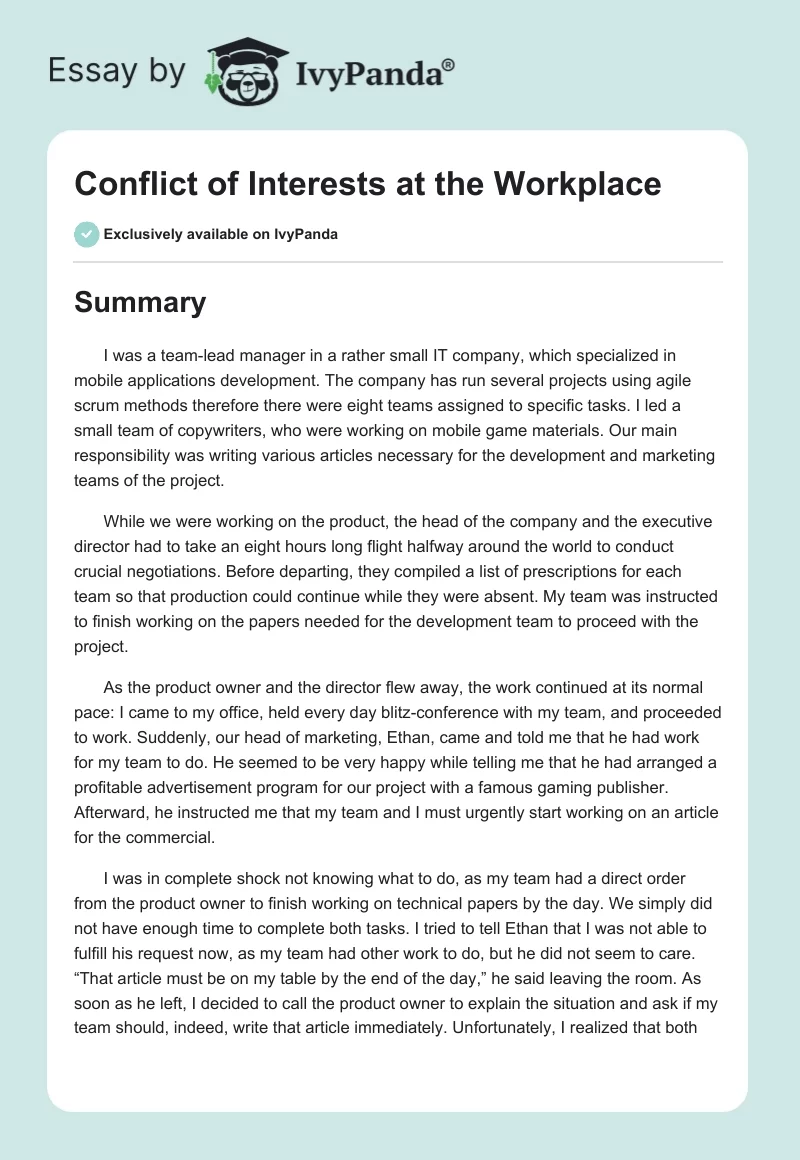 Conflict of Interests at the Workplace. Page 1