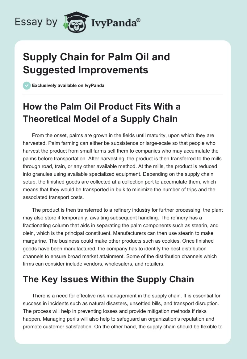 Supply Chain for Palm Oil and Suggested Improvements. Page 1