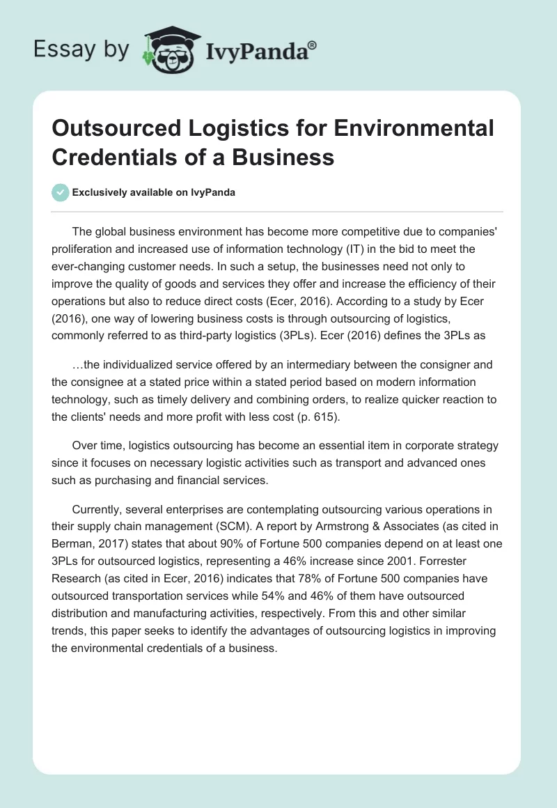 Outsourced Logistics for Environmental Credentials of a Business. Page 1