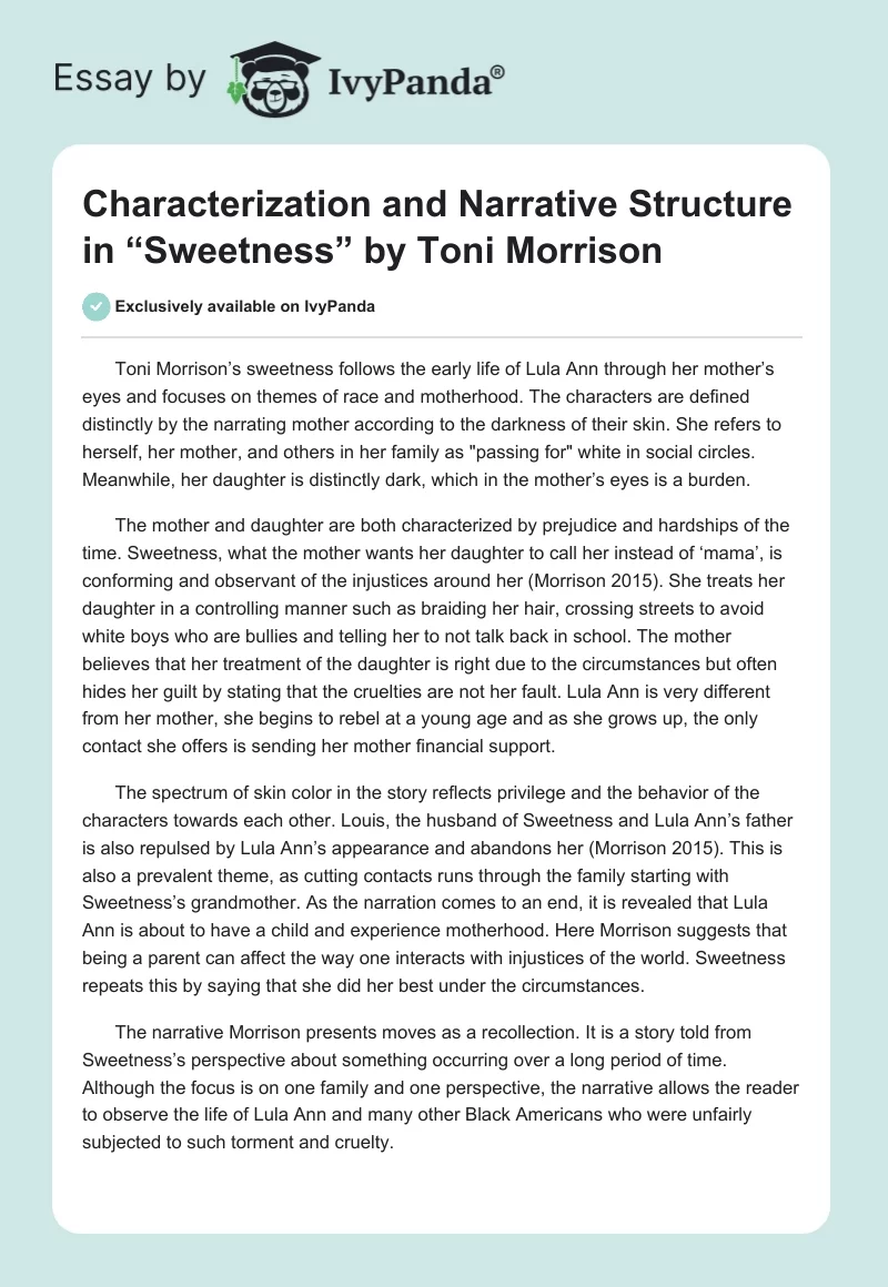 Characterization and Narrative Structure in “Sweetness” by Toni Morrison. Page 1