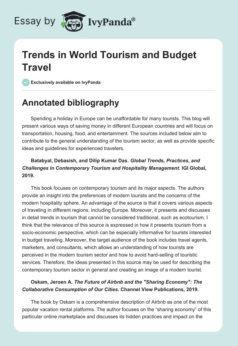 Trends in World Tourism and Budget Travel. Page 1