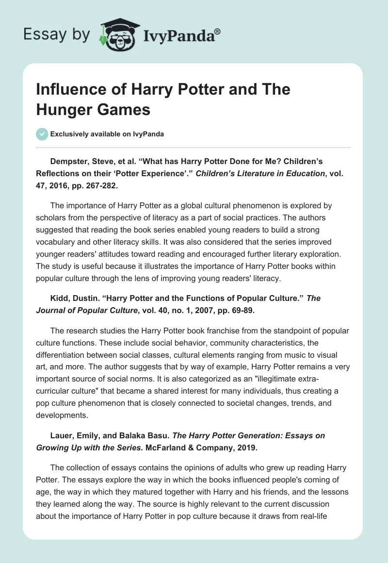 Influence of Harry Potter and The Hunger Games. Page 1