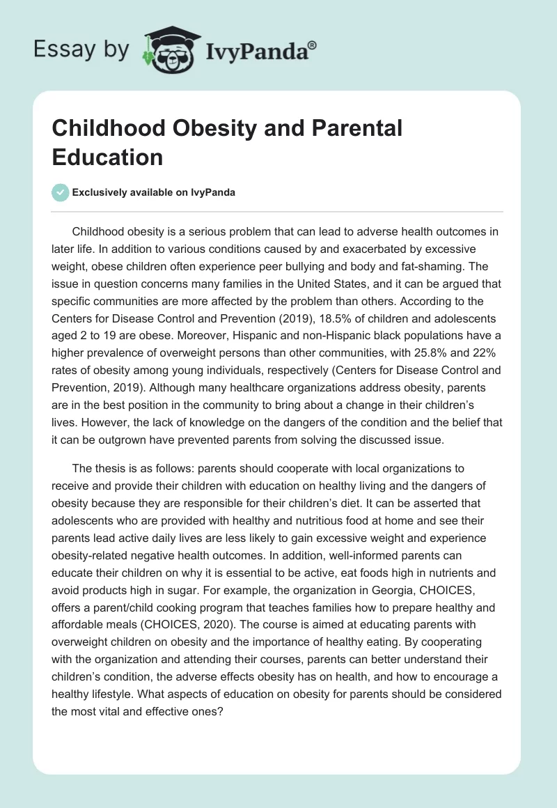 Childhood Obesity and Parental Education. Page 1