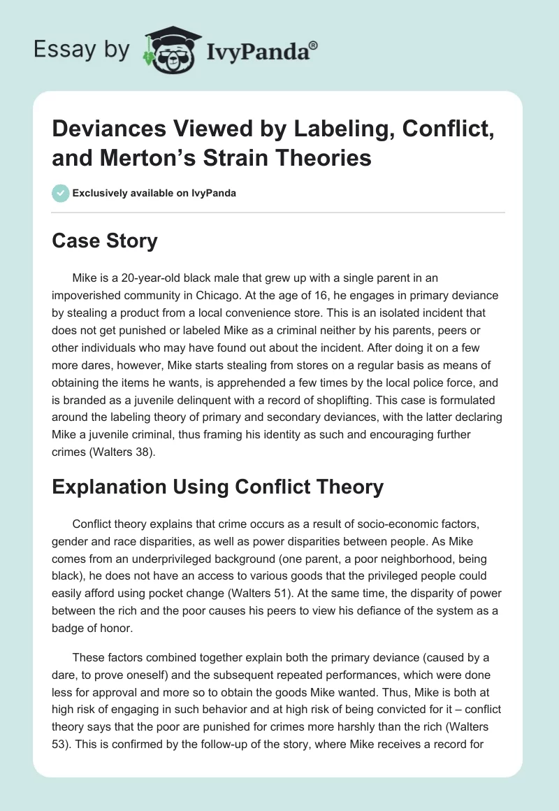 Deviances Viewed by Labeling, Conflict, and Merton’s Strain Theories. Page 1