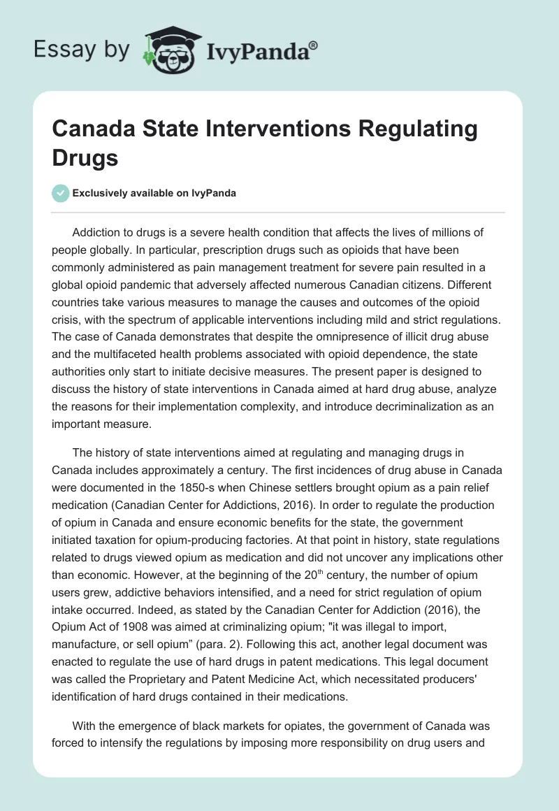 Canada State Interventions Regulating Drugs. Page 1