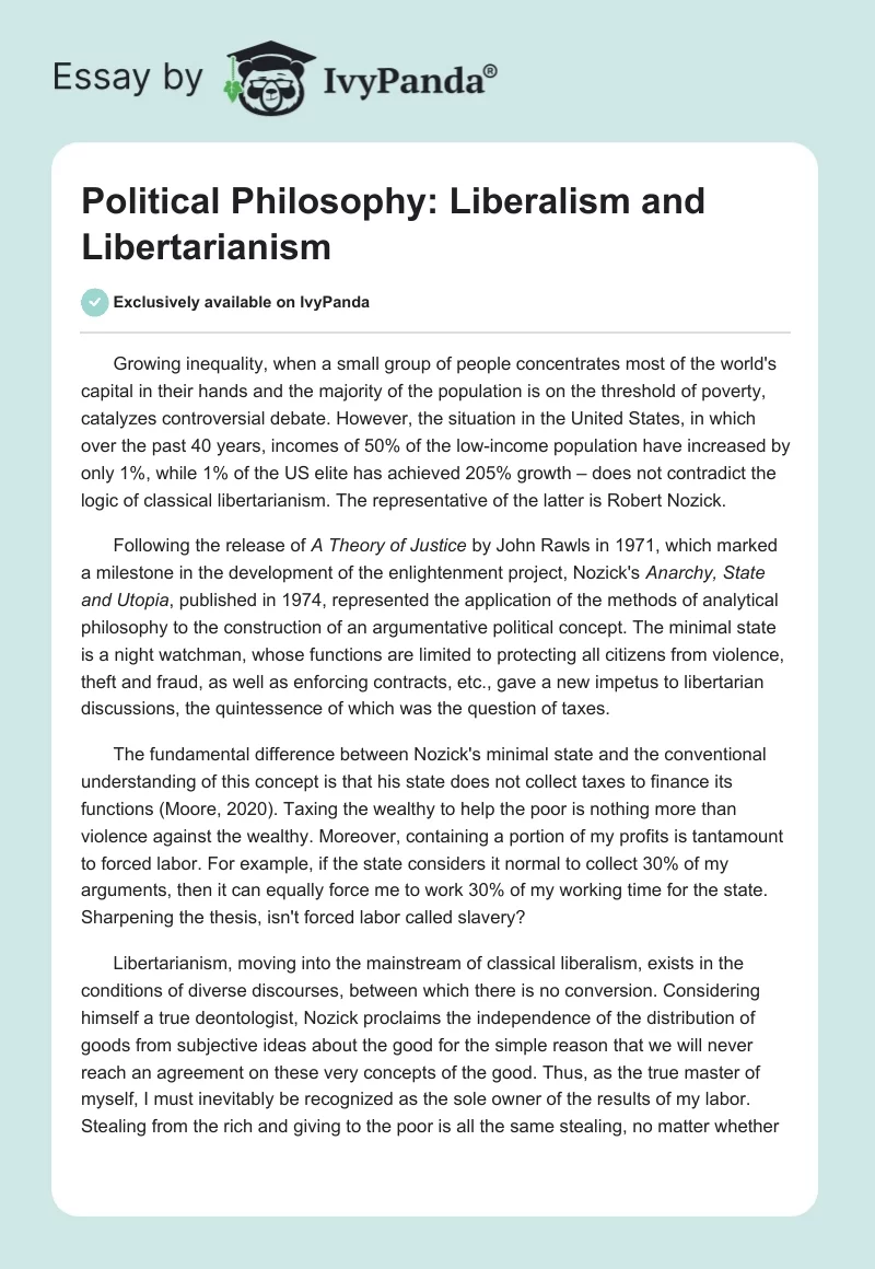 Political Philosophy: Liberalism and Libertarianism. Page 1