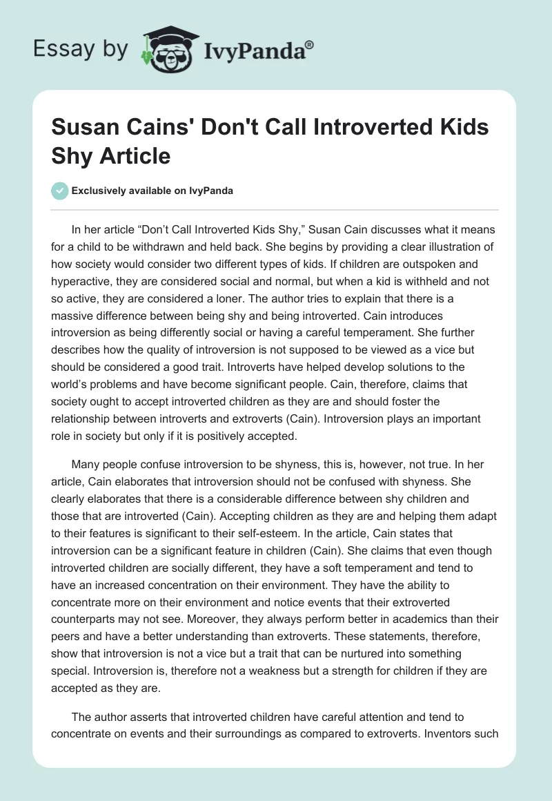 Susan Cains' "Don't Call Introverted Kids Shy" Article. Page 1