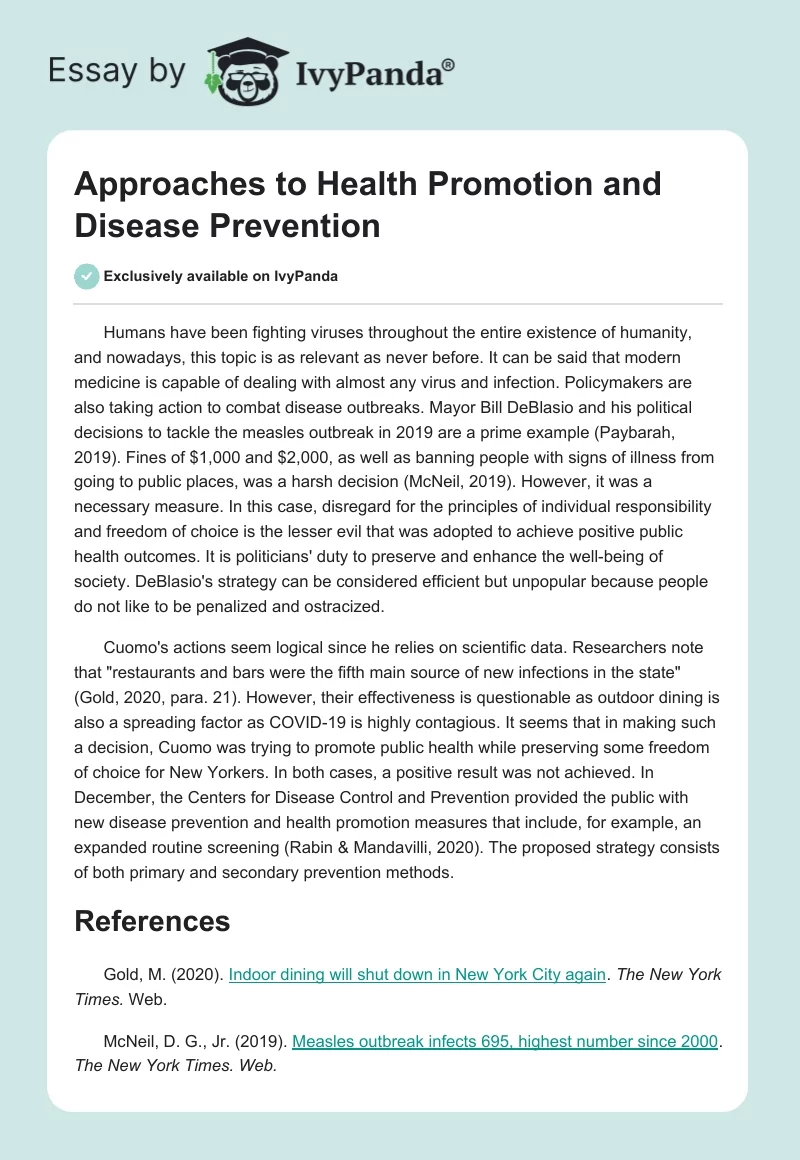 Approaches to Health Promotion and Disease Prevention. Page 1