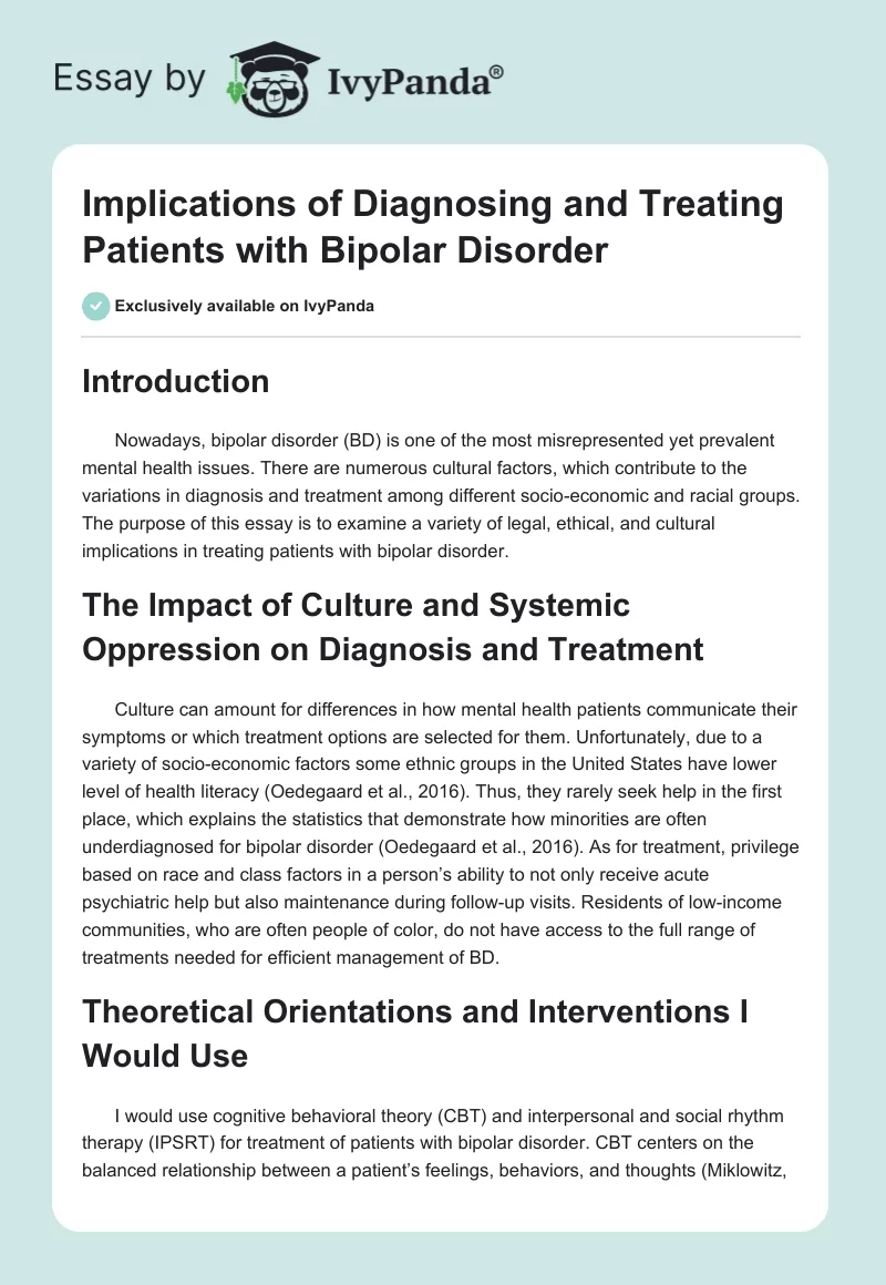 Implications of Diagnosing and Treating Patients With Bipolar Disorder. Page 1