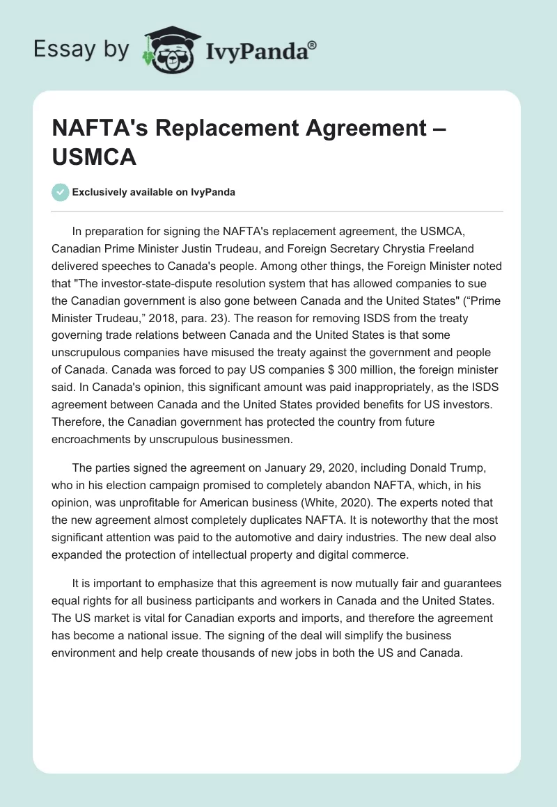NAFTA's Replacement Agreement – USMCA. Page 1