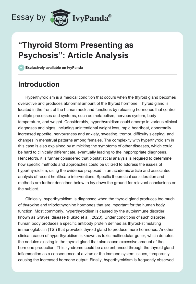 “Thyroid Storm Presenting as Psychosis”: Article Analysis. Page 1