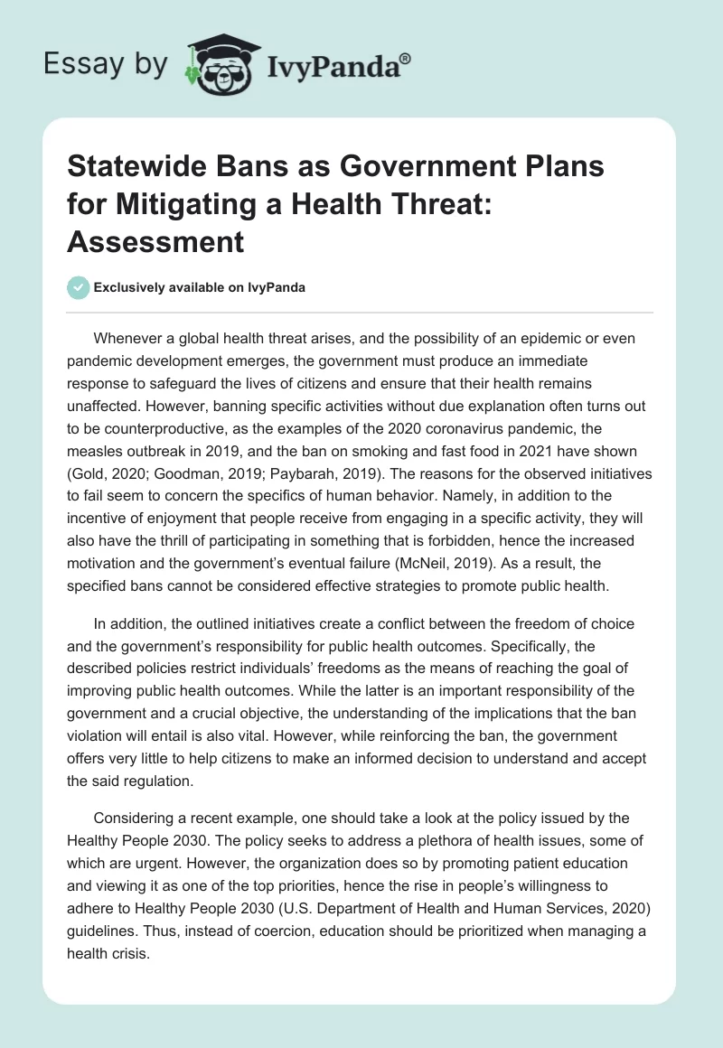 Statewide Bans as Government Plans for Mitigating a Health Threat: Assessment. Page 1