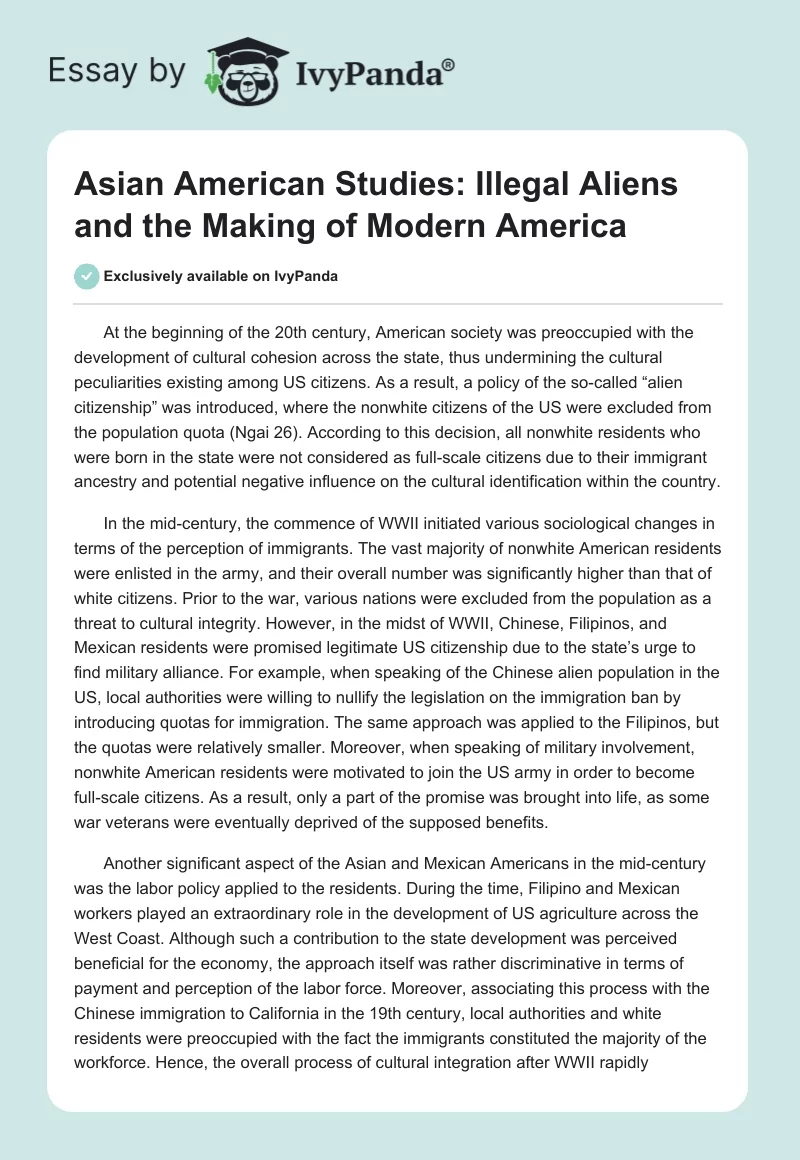 Asian American Studies: Illegal Aliens and the Making of Modern America. Page 1