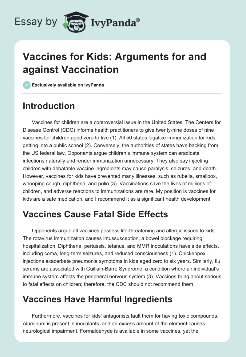 Vaccines for Kids: Arguments For and Against Vaccination. Page 1
