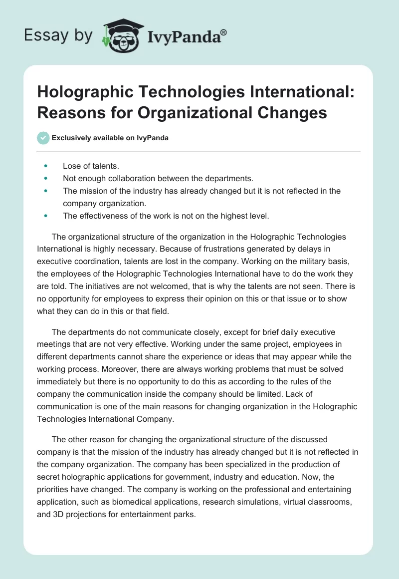 Holographic Technologies International: Reasons for Organizational Changes. Page 1