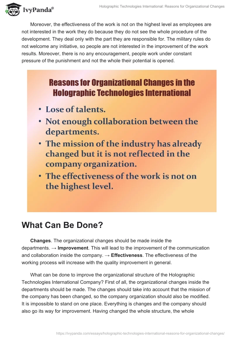 Holographic Technologies International: Reasons for Organizational Changes. Page 2