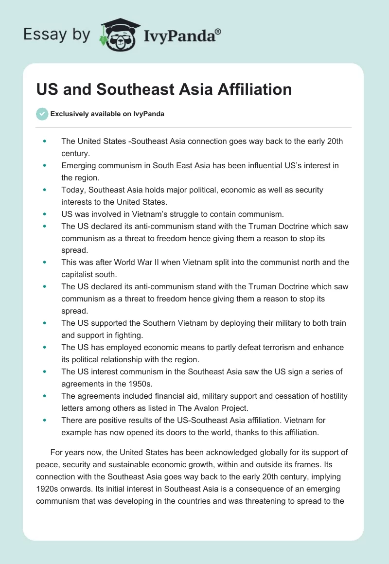 US and Southeast Asia Affiliation. Page 1