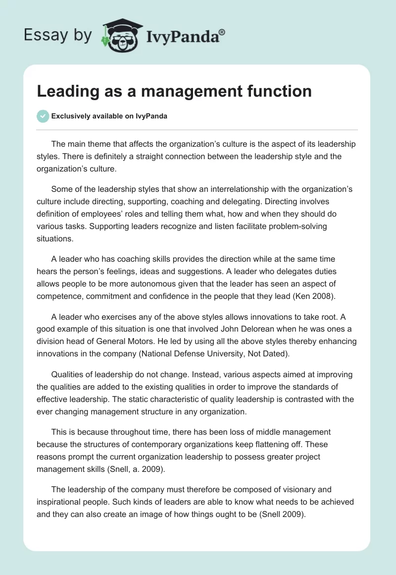 Leading as a management function. Page 1