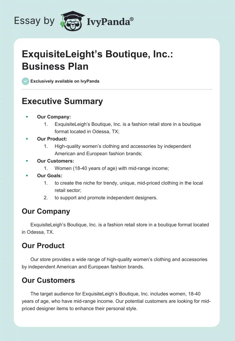 ExquisiteLeight’s Boutique, Inc.: Business Plan. Page 1