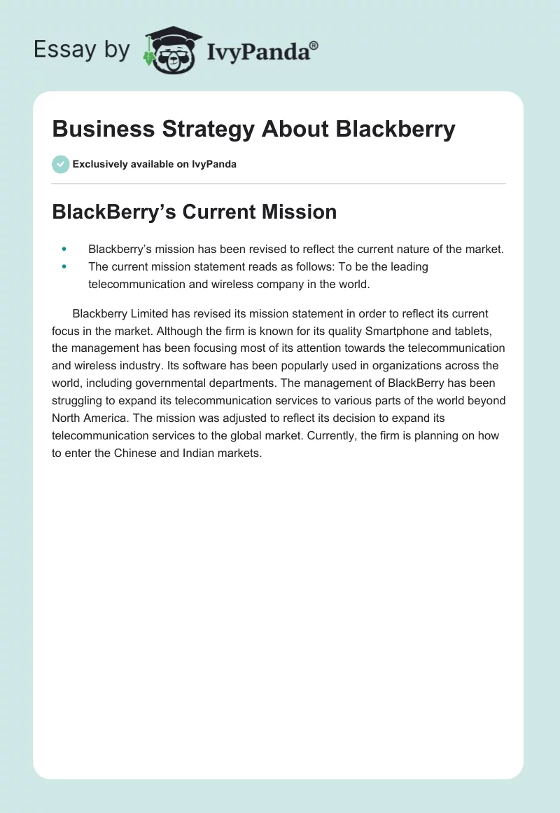 Business Strategy About Blackberry. Page 1