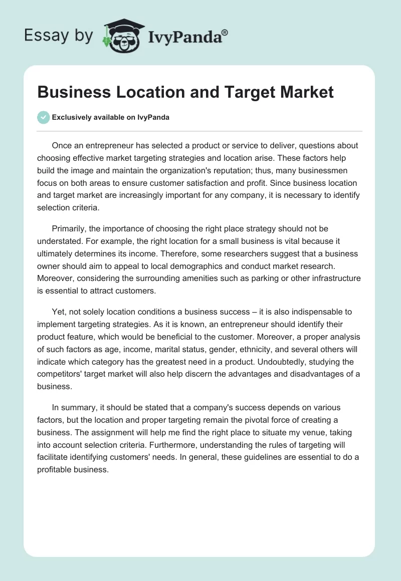 Business Location and Target Market. Page 1