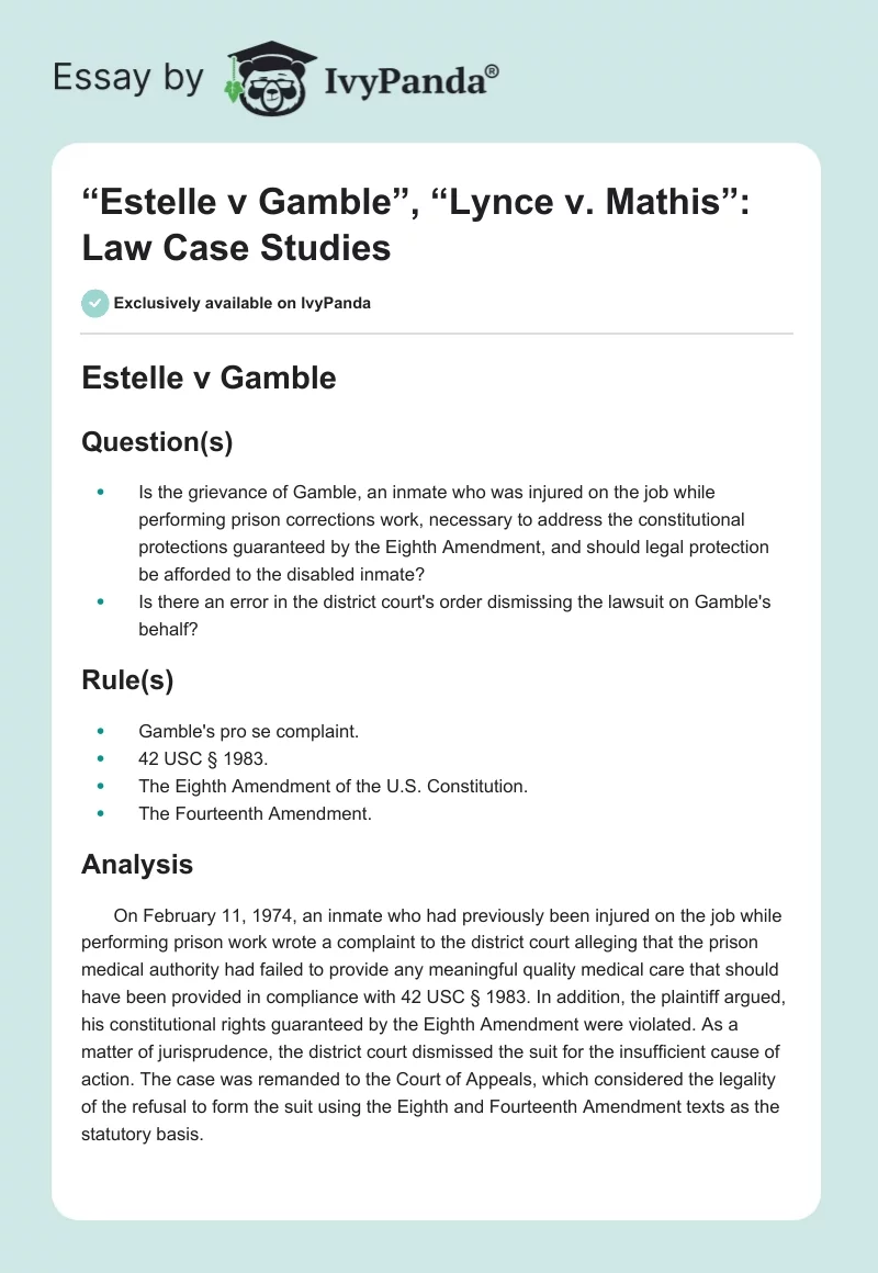 “Estelle v Gamble”, “Lynce v. Mathis”: Law Case Studies. Page 1