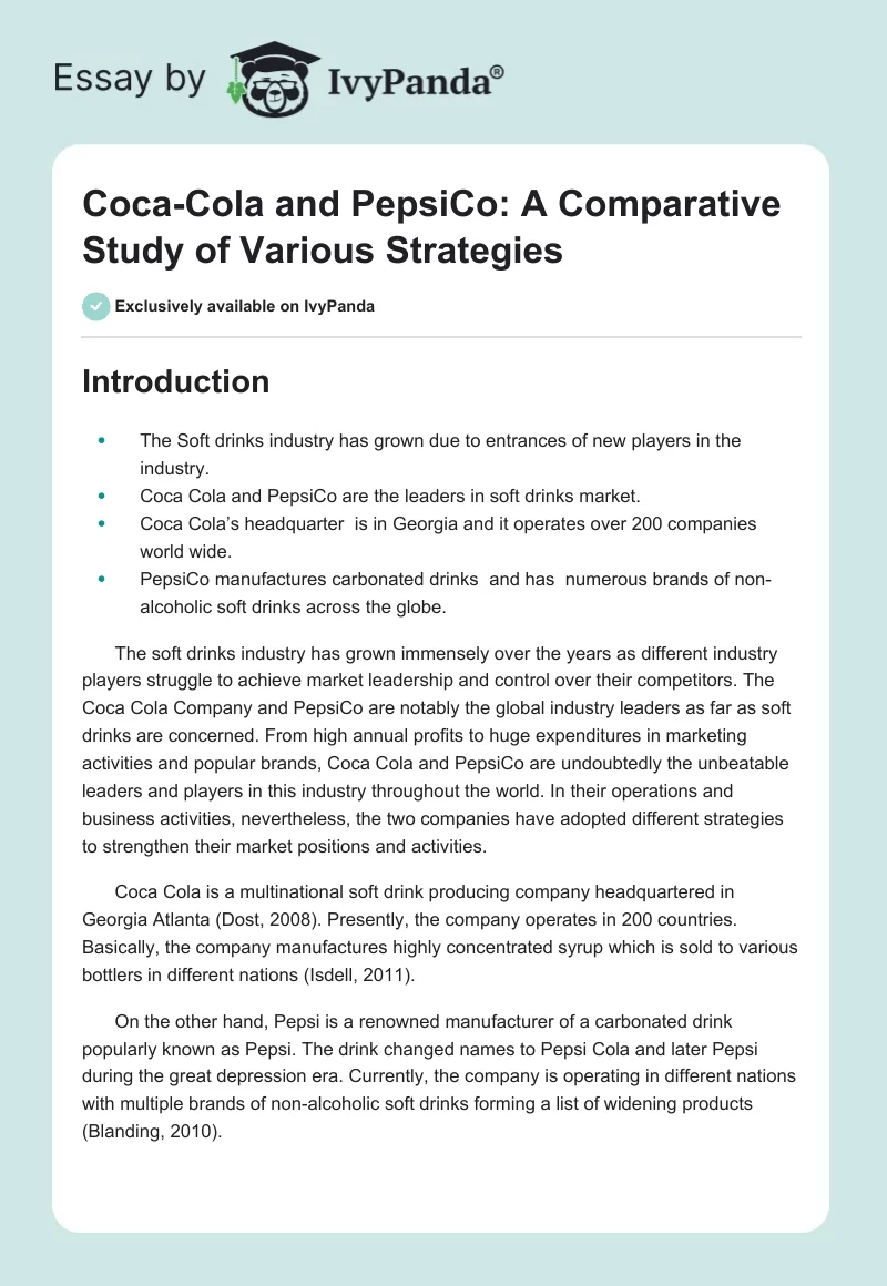 Coca-Cola and PepsiCo: A Comparative Study of Various Strategies. Page 1