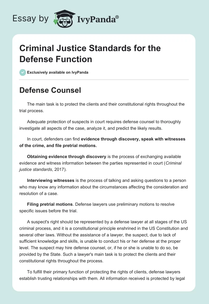 Criminal Justice Standards for the Defense Function. Page 1