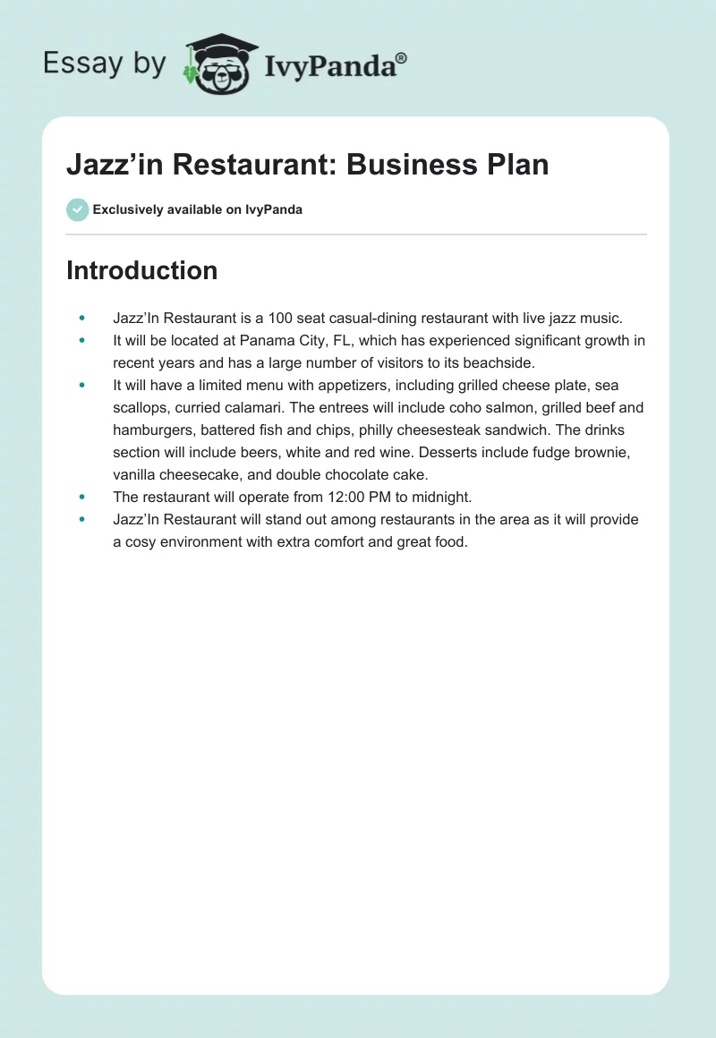 Jazz’in Restaurant: Business Plan. Page 1