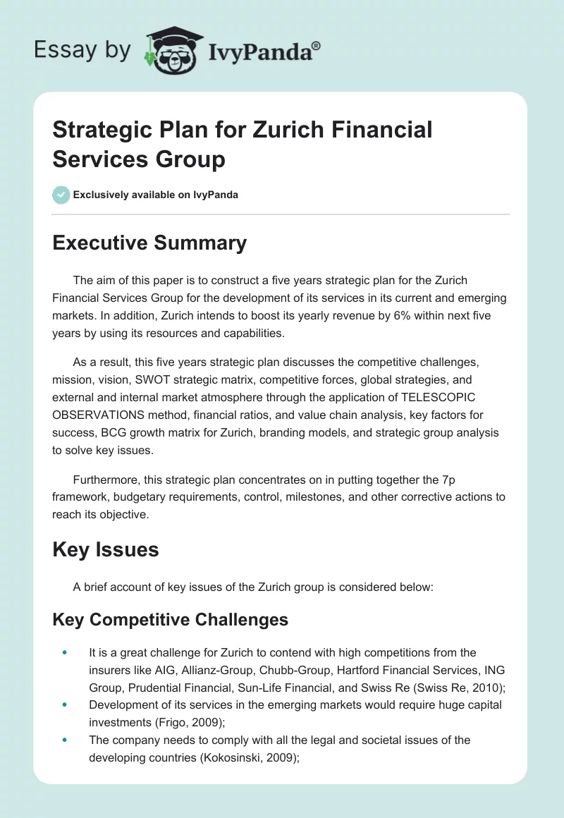 Strategic Plan for Zurich Financial Services Group. Page 1