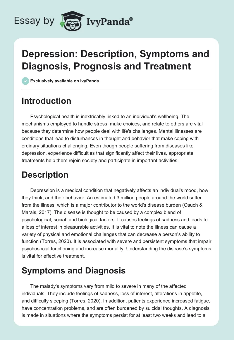 Depression: Description, Symptoms and Diagnosis, Prognosis and Treatment. Page 1