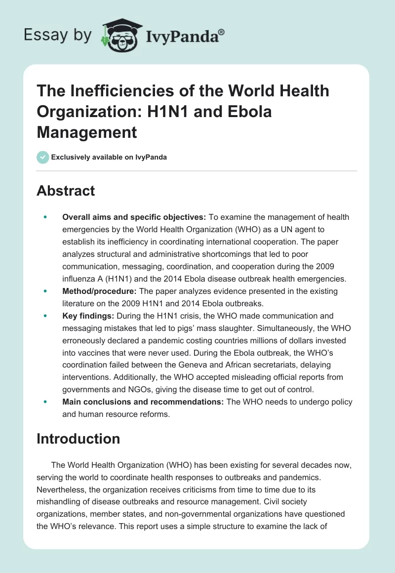 The Inefficiencies of the World Health Organization: H1N1 and Ebola Management. Page 1