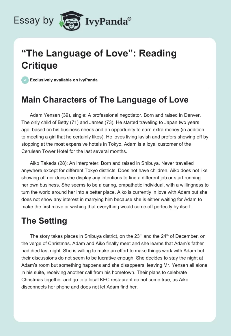 “The Language of Love”: Reading Critique. Page 1