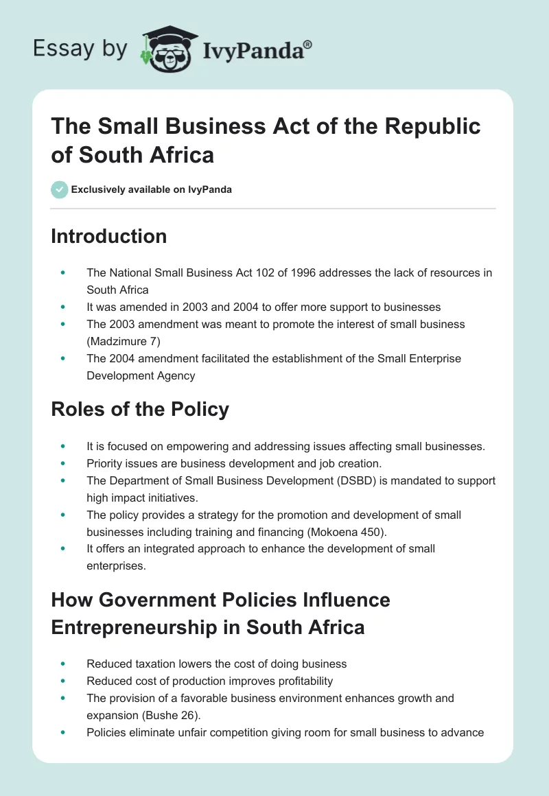 The Small Business Act of the Republic of South Africa. Page 1