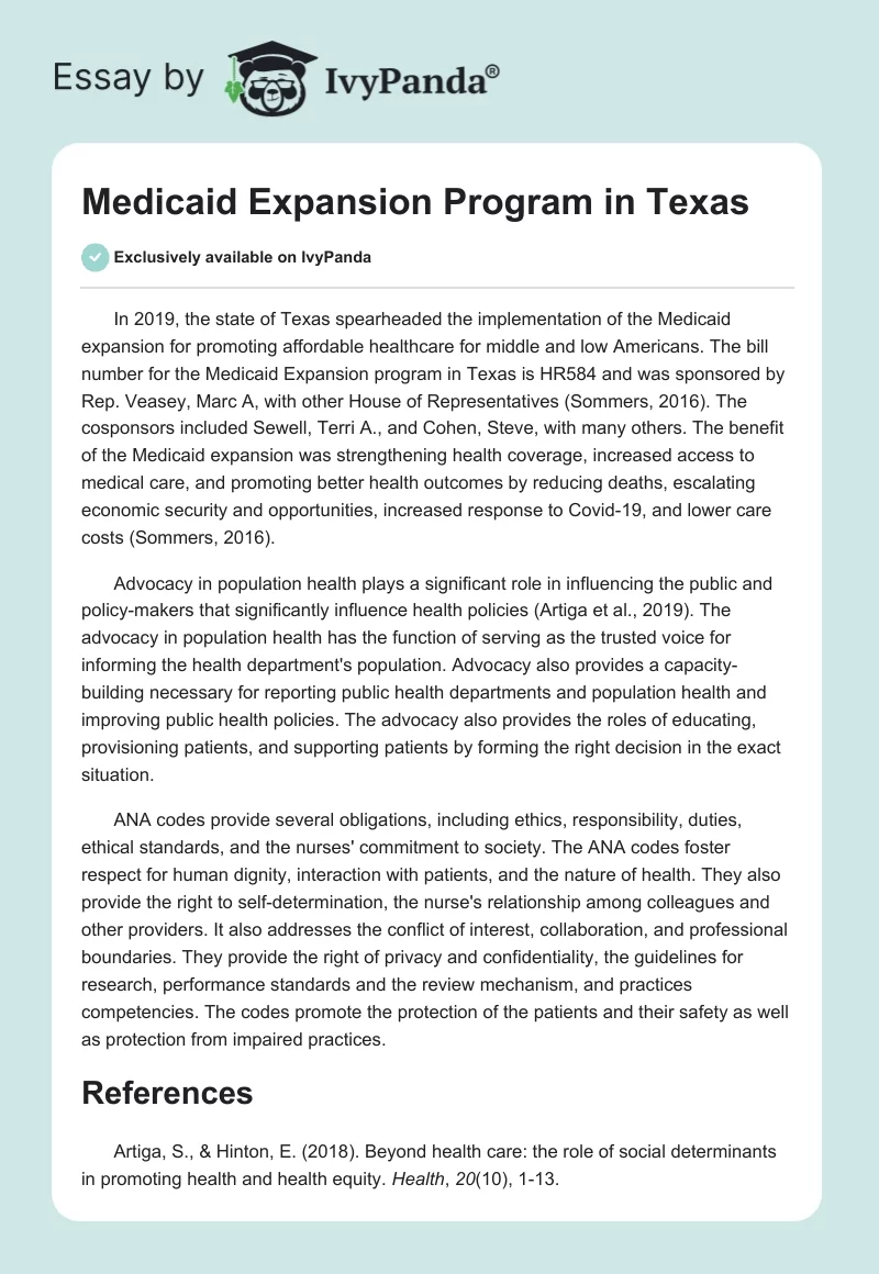 Medicaid Expansion Program in Texas. Page 1