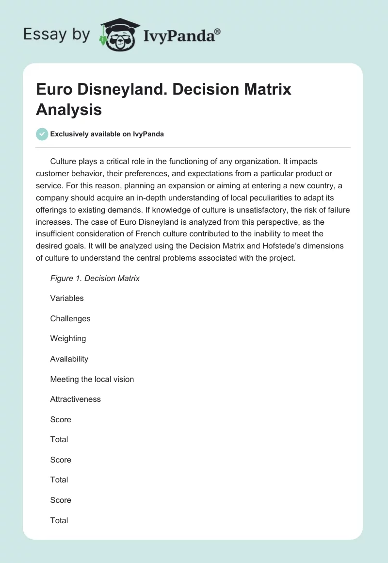 Euro Disneyland. Decision Matrix Analysis. Page 1
