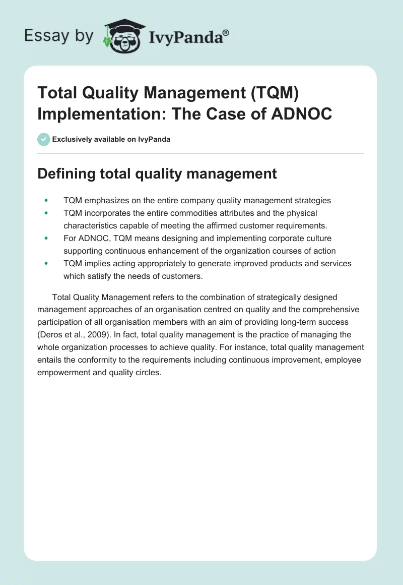 Total Quality Management (TQM) Implementation: The Case of ADNOC. Page 1