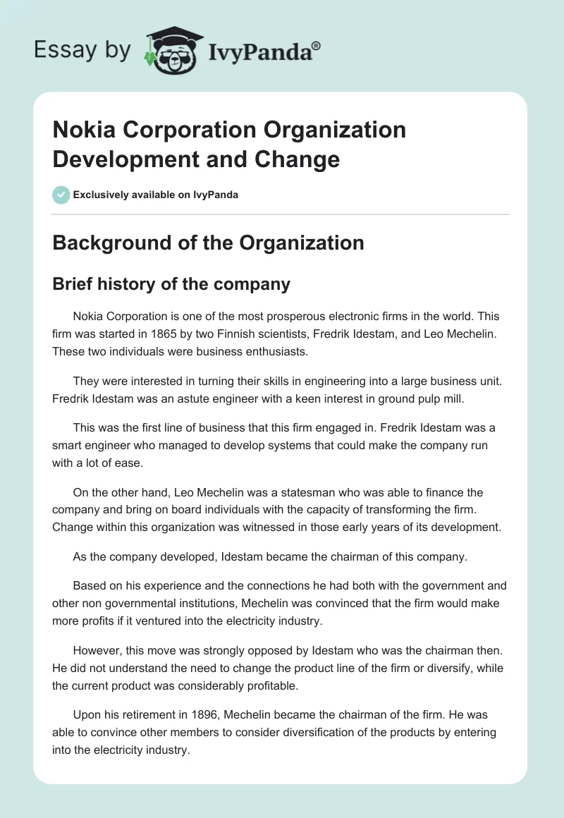 Nokia Corporation Organization Development and Change. Page 1